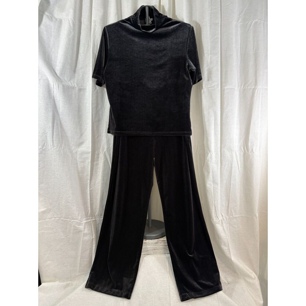 Vintage Ann Taylor LOFT Black Velvet 2 Piece Set 90s Y2K Top L Pants M Wide Leg